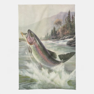 Vintage Rainbow Trout Fisherman Fishing for Fish Tea Towel