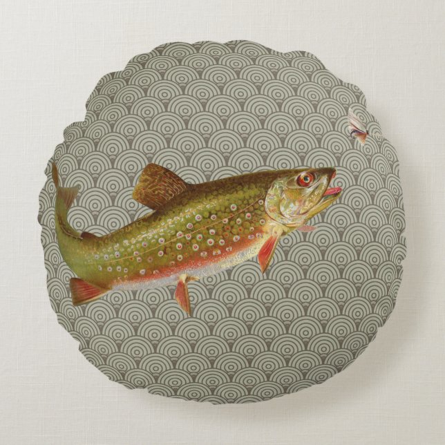 Vintage Rainbow Trout Fly Fishing Round Cushion (Front)