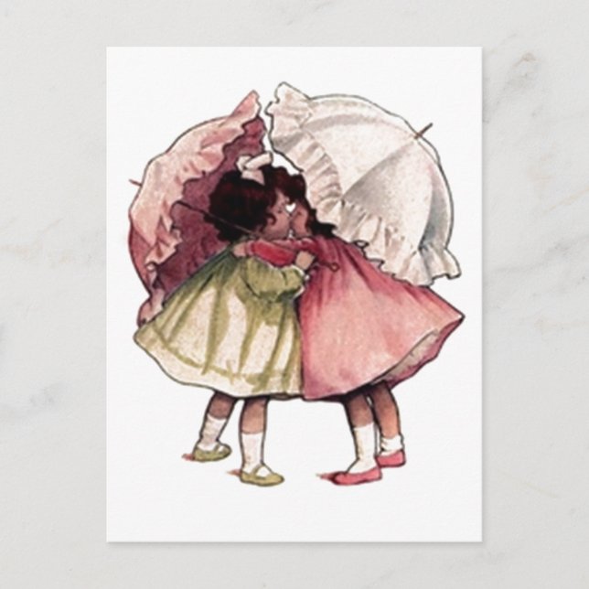 Vintage Rainy Day Girls Postcard (Front)