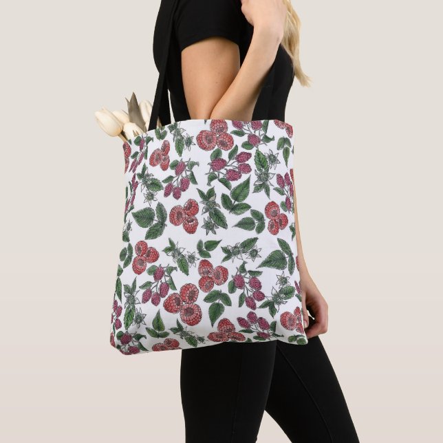 Vintage Raspberry Leaves Illustration Pattern Tote Bag (Close Up)