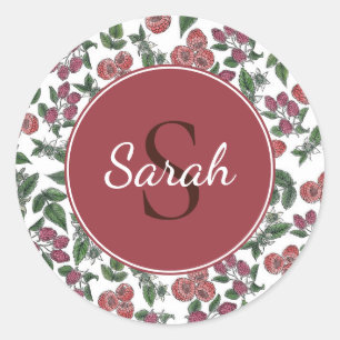 Vintage Raspberry Leaves Illustration Personalised Classic Round Sticker