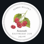 Vintage Raspberry on white Jam  Classic Round Sticker<br><div class="desc">Elegant Personalised hand painted watercolor vintage style Raspberry,  Jam jar label. Use for your homemade jam's or anything you choose. Makes great gift. Fill your information on label and enjoy.</div>