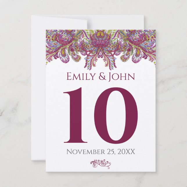 Vintage RaspberryDamask Wedding Table Number Cards (Front)