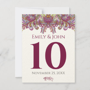 Vintage RaspberryDamask Wedding Table Number Cards
