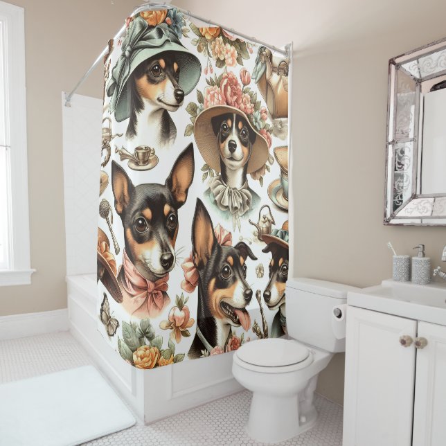 Vintage Rat Terrier Seamless Shower Curtain (In Situ)