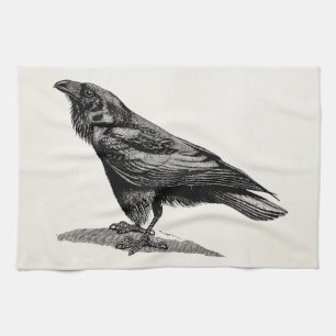 Vintage Raven Crow Blackbird Bird Illustration Tea Towel