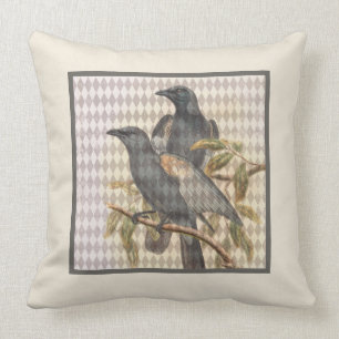 Vintage Raven Ephemera on Cream Harlequin Pattern Cushion