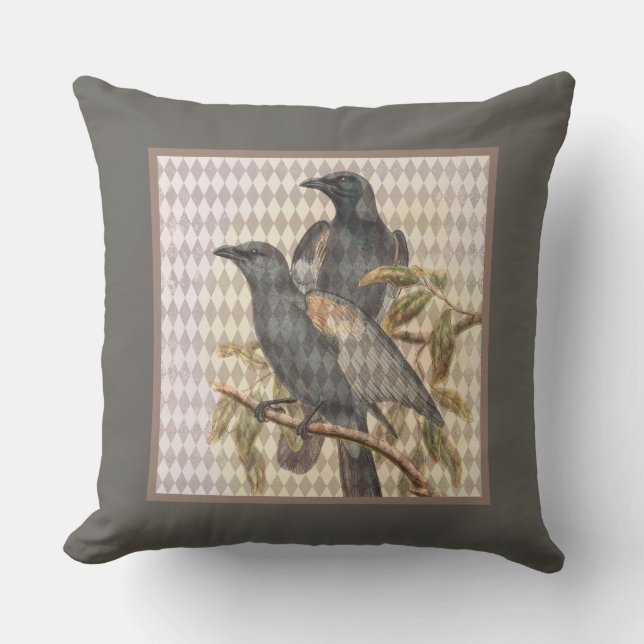 Vintage Raven Ephemera on Harlequin Pattern Cushion (Front)