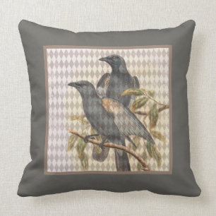 Vintage Raven Ephemera on Harlequin Pattern Cushion