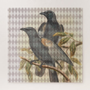 Vintage Raven Ephemera on Taupe Harlequin Pattern  Jigsaw Puzzle