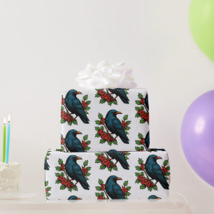 Vintage Raven Holly Red Berries Christmas Wrapping Paper