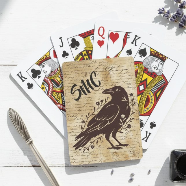 Vintage Raven Script Aesthetic Housewarming Playing Cards (Monogram vintage raven poker cards)