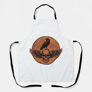 Vintage Raven Winged Skull Orange Moon Vector Desi Apron