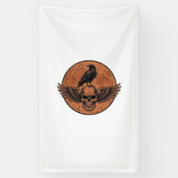 Vintage Raven Winged Skull Orange Moon Vector Desi