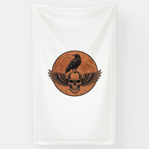 Vintage Raven Winged Skull Orange Moon Vector Desi Banner