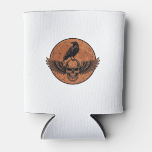 Vintage Raven Winged Skull Orange Moon Vector Desi Can Cooler
