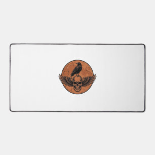 Vintage Raven Winged Skull Orange Moon Vector Desi Desk Mat