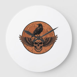 Vintage Raven Winged Skull Orange Moon Vector Desi Large Clock
