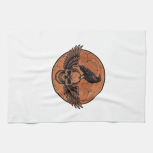 Vintage Raven Winged Skull Orange Moon Vector Desi Tea Towel