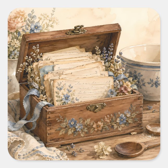 Vintage Recipe Box Cottage Kitchen Square Sticker (Front)