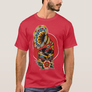 Vintage Record Player Traditional Tattoo art, Musi T-Shirt