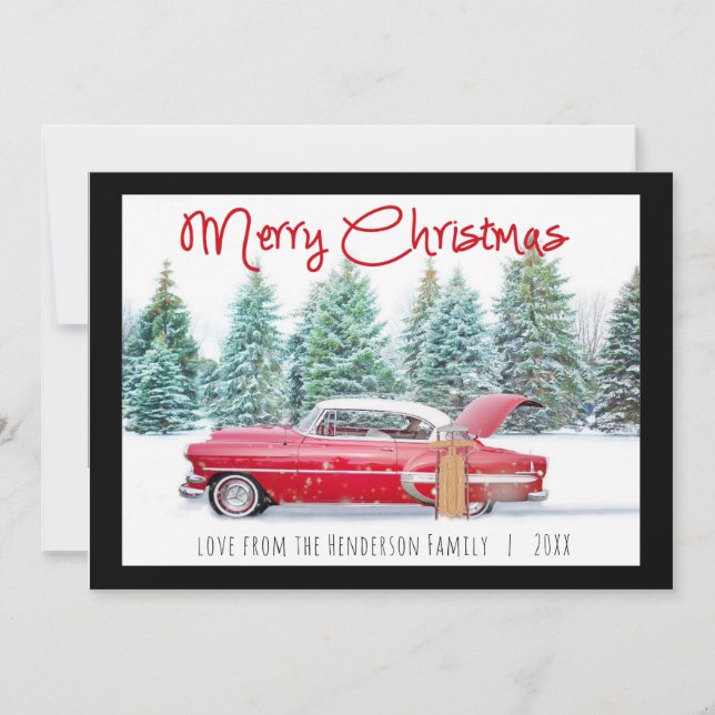 Vintage Red 1950's Chevy Merry Christmas Holiday Card (Front)