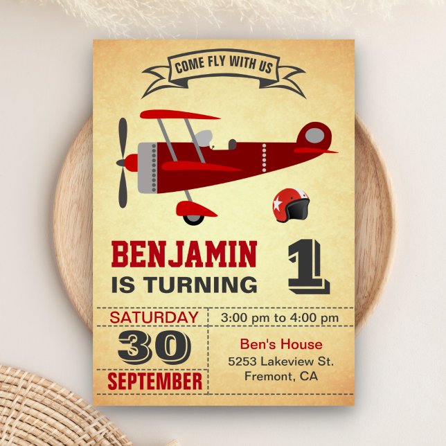 Vintage Red Aeroplane 1st Birthday Party Invitatio Invitation (Creator Uploaded)