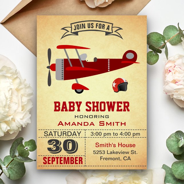 Vintage Red Aeroplane Baby Shower Invitation (Creator Uploaded)