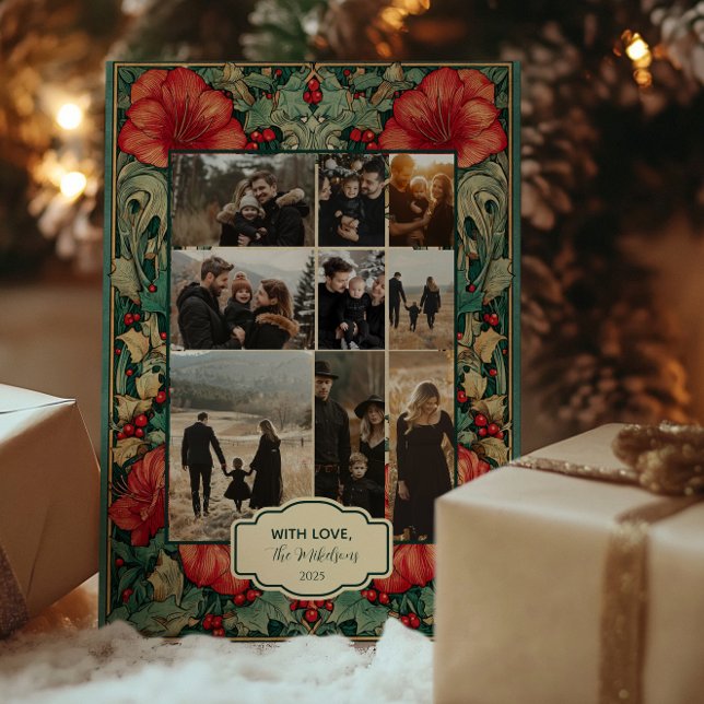 Vintage Red Amaryllis Botanical Christmas Photo Holiday Card (Creator Uploaded)