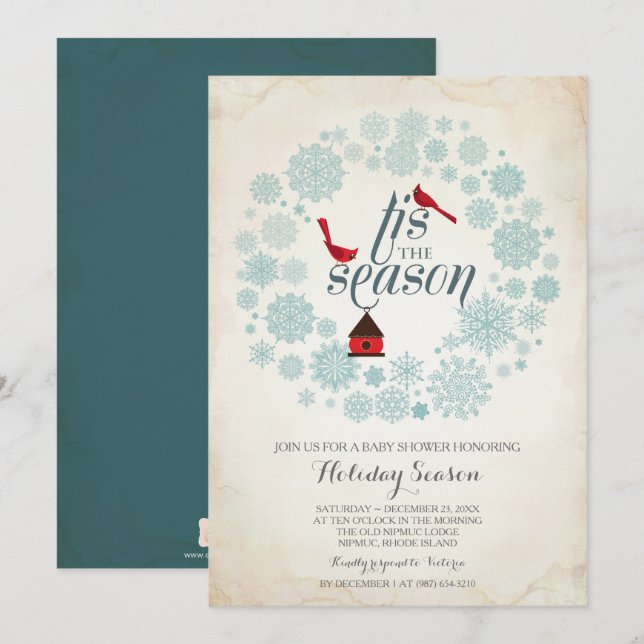 Vintage Red and Blue Country Snowflake Christmas Invitation (Front/Back)