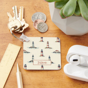Vintage Red and Blue Lighthouses on Cream Key Ring