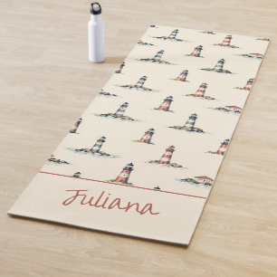 Vintage Red and Blue Lighthouses on Cream Yoga Mat