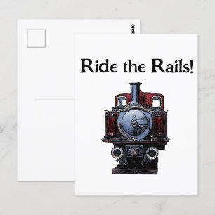 Vintage Red and Blue Train Locomotive Drawing Postcard