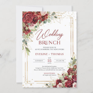 Vintage red and blush roses gold wedding brunch invitation