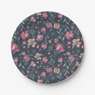 Vintage Red and Brown Fall Flowers Pattern Paper Plate