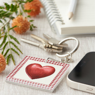 Vintage Red and Cream Gingham With Heart Key Ring