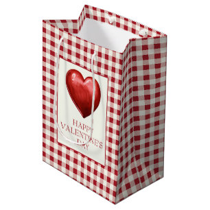 Vintage Red and Cream Gingham With Heart Medium Gift Bag