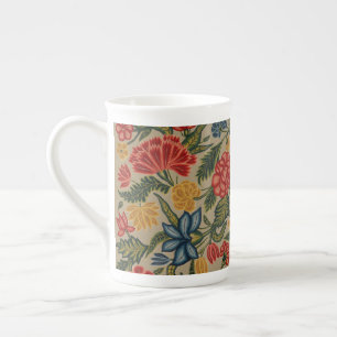 Vintage Red and Gold Crewel Floral Pattern Bone China Mug