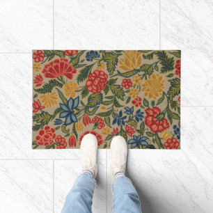 Vintage Red and Gold Crewel Floral Pattern Doormat