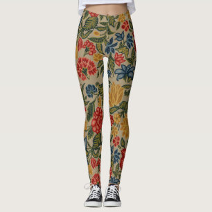Vintage Red and Gold Crewel Floral Pattern Leggings