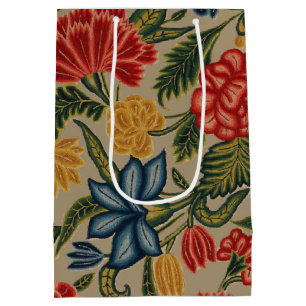 Vintage Red and Gold Crewel Floral Pattern Medium Gift Bag