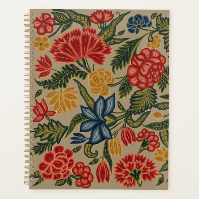 Vintage Red and Gold Crewel Floral Pattern Planner (Front)