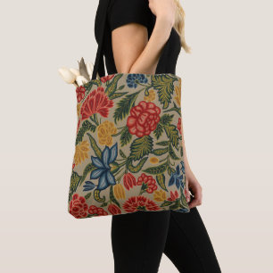 Vintage Red and Gold Crewel Floral Pattern Tote Bag