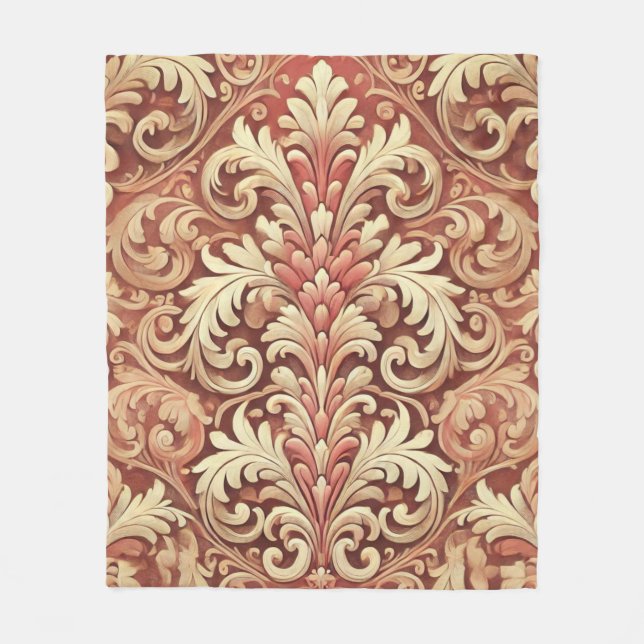Vintage Red and Gold Damask Pattern Fleece Blanket (Front)