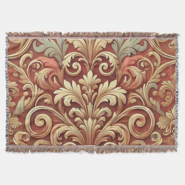Vintage Red and Gold Damask Pattern Throw Blanket (Front)