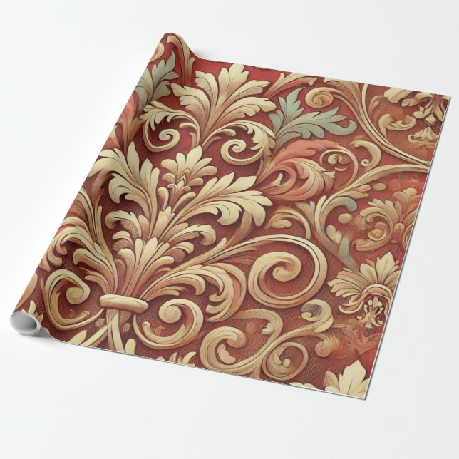 Vintage Red and Gold Damask Pattern Wrapping Paper (Unrolled)
