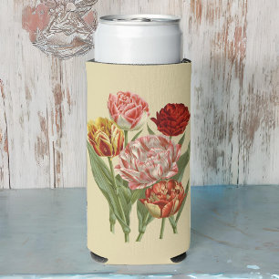 Vintage Red and Gold Tulips on Cream Seltzer Can Cooler