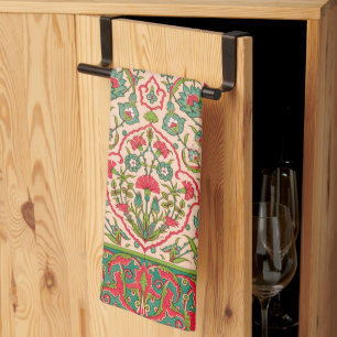 Vintage Red and Green Arabic Floral Pattern Tea Towel