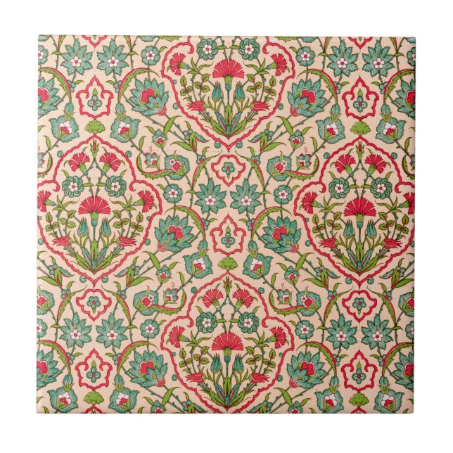 Vintage Red and Green Arabic Floral Pattern Tile (Front)