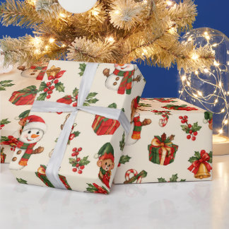 Vintage red and green Christmas Santa Reindeer Wrapping Paper